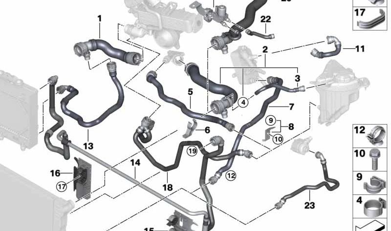 Manguera de refrigerante OEM 17128518120 para BMW F07, F10, F11. Original BMW