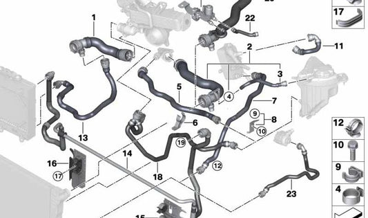 Manguera de refrigerante OEM 17128512418 para BMW F07, F10, F11, F06, F12, F13, F01. Compatible con versiones N y no N. Repuesto original BMW.