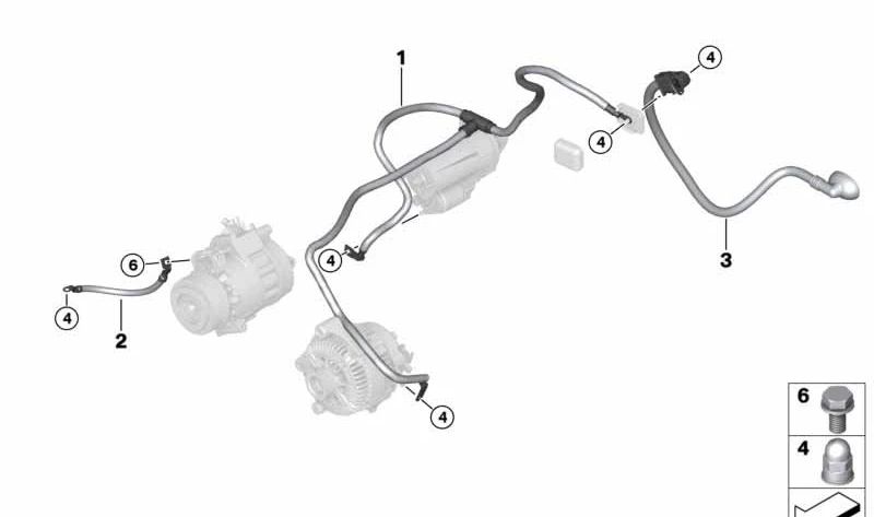 Motor battery/alternator B+ OEM 12427531720 for BMW X5 E53 4.4I (FB61, FB62) and 4.8IS (FA01, FA02). Original BMW.