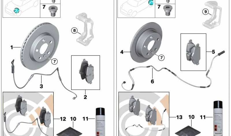 Juego de pastillas de freno con sensor OEM 34112444444 para MINI R60, R61, Countryman, Paceman. Original MINI.