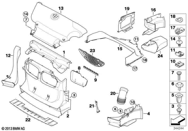 Recubrimiento aire refrigeración arriba derecha OEM 51718199700 para BMW Serie 3 E46 (316i, 318i, 320i) y más. Original BMW.