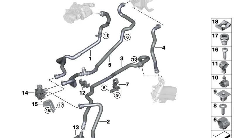 Manguera de refrigerante OEM 64219354468 para BMW X3 G01 xDrive30e (todos los modelos: 58C, 61D, 62D, 63D, 64C, 71D, 74D, 78D, TS21, TS22). Original BMW.
