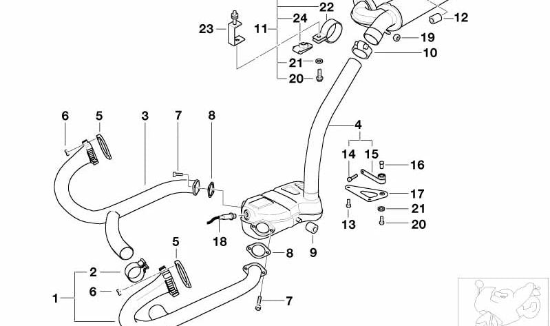 Collettore di scarico destro OEM 18111342596 per moto BMW R1100S, R1100RS. BMW Motorrad originale.