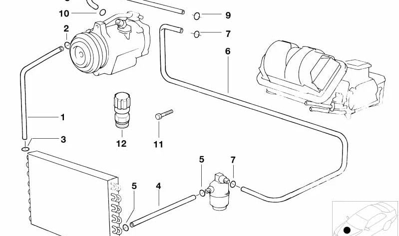 Tubo de aspiración del evaporador al compresor OEM 64538371321 para BMW E39 535i y 540i. Conecta el A/C correctamente. Original BMW.