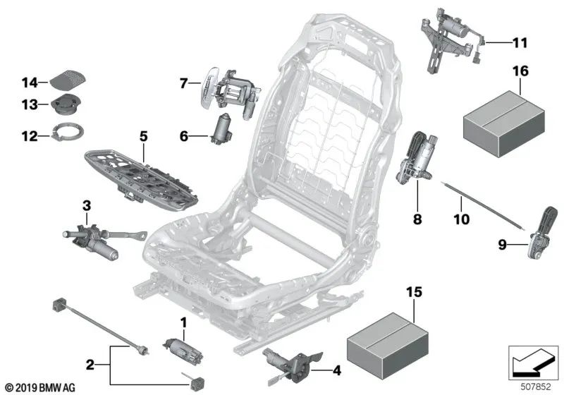 Azionamento per la regolazione dell'altezza del poggiatesta OEM 52107363874 per BMW X5 F15, X5 M F85, X6 F16, X6 M F86, 5' F07 GT LCI, 5' F10 LCI. BMW originale.