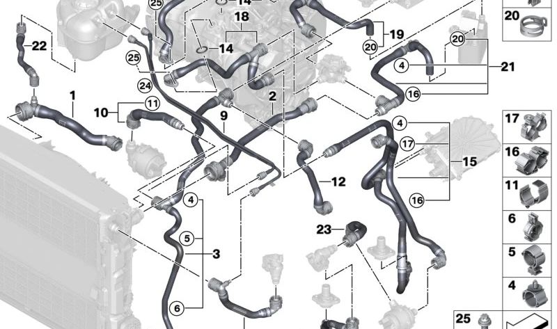Tubo combinado del radiador de refrigerante OEM 17128475684 para BMW G28 (i3 eDrive35L), G26 (M50 xDrive, eDrive40, i4 eDrive35, i4 M50 xDrive). Original BMW.