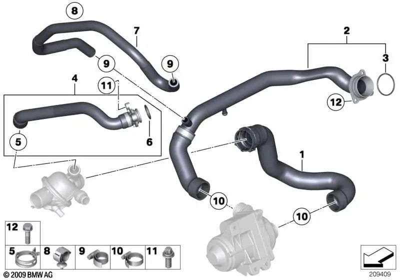 Water feed hose/heat exchanger for BMW E70N, E71 (OEM 11537589949). Original BMW.