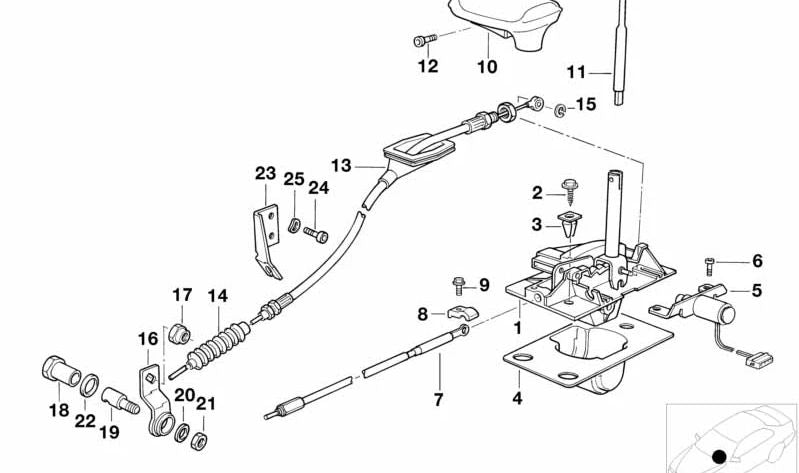 Cable de cambio con amortiguación de ruido OEM 25161218350 para BMW E32. Original BMW.