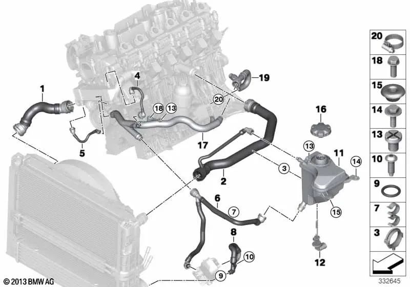 Manguera intermedia de calor radiador aceite motor OEM 17117521066 para BMW E81, E87, E90, E92, X1 E84... y más. Original BMW.