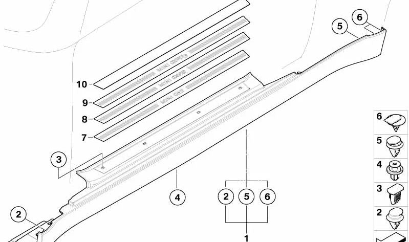 Embellecedor derecho entrada puerta OEM 51147190556 para MINI R52 {Cooper, Cooper S, One} (2004–2008). Pieza original MINI.