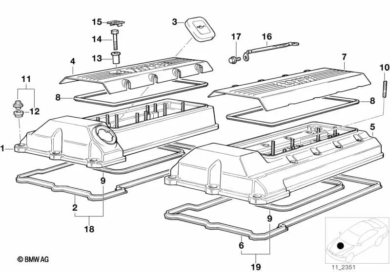 Left side cover for BMW 5 Series E39, 7 Series E38, 8 Series E31, X5 E53, Z8 E52 (OEM 11121702857). Original BMW.