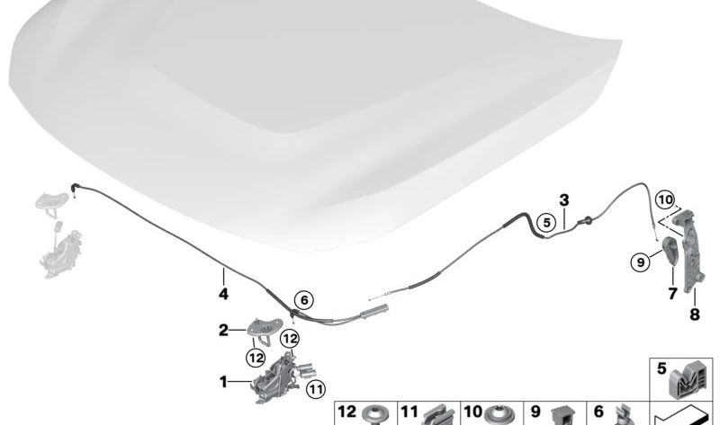 Trava do capô dianteiro esquerdo para BMW Série 1 F40, Série 2 F44, G42, G87, Série 3 G20, G21, G80, Série 4 G22, G23, G26, G82, G83 (OEM 51237468347). BMW original