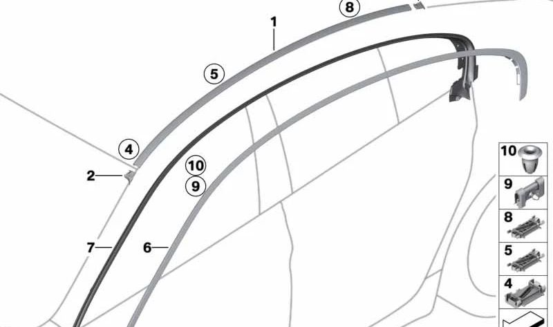 Moldura techo derecha imprimada OEM 51137302974 para BMW F06 (640d, 640i, xDrive). Pieza original BMW.