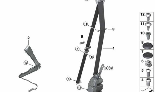 Cinturón de seguridad delantero izquierdo OEM 72117383321 para BMW F30, F30N, F31, F31N, F34, F34N, F35, F35N, F80, F80N, F36, F36N. Original BMW.