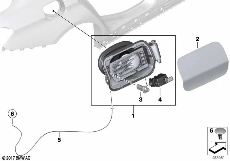 Cuba de cierre OEM 51177238829 para BMW 3' F30, F30 LCI, F31, F31 LCI. Original BMW.