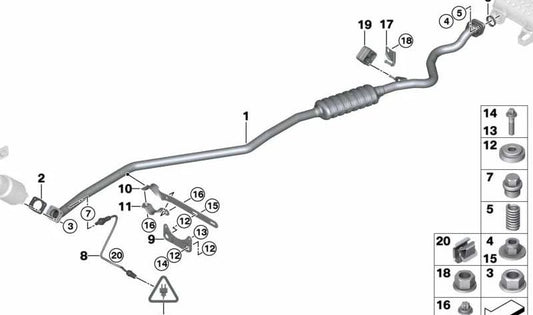 Tubo de escape con silenciador intermedio OEM 18307588913 para BMW E90 y E91 (316i, 318i). Compatible con motores N45 y N46. Solo versión gasolina. Original BMW.