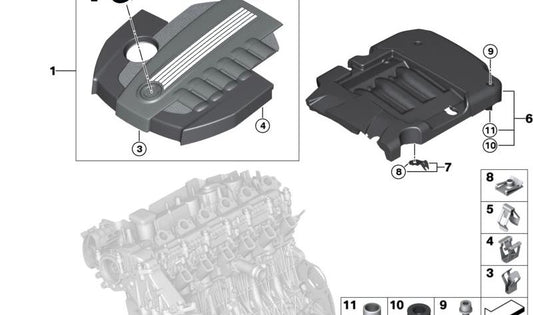 Soporte tapa aislante motor OEM 11147807251 para BMW E46, E90, E91, E92, E93, E60, E61, E63, E64, E65, E66, E83, E53, E70, E71. Original BMW.