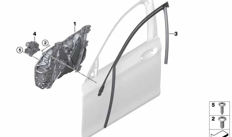 Guía de ventanilla derecha OEM 51339481272 para BMW Serie 7 {G11: 725d, 730d, 730d xDrive} (modelos desde 2015 hasta 2022). Original BMW.