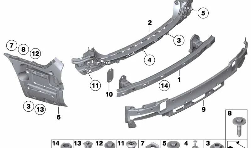 Soporte trasero paragolpes OEM 51127301234 para BMW F01, F02. Repuesto original BMW.