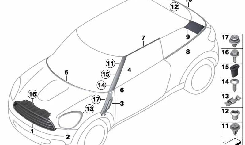 Listón de adorno pared lateral delantera izquierda OEM 51139810465 para MINI Countryman R60, Paceman R61. Original MINI.