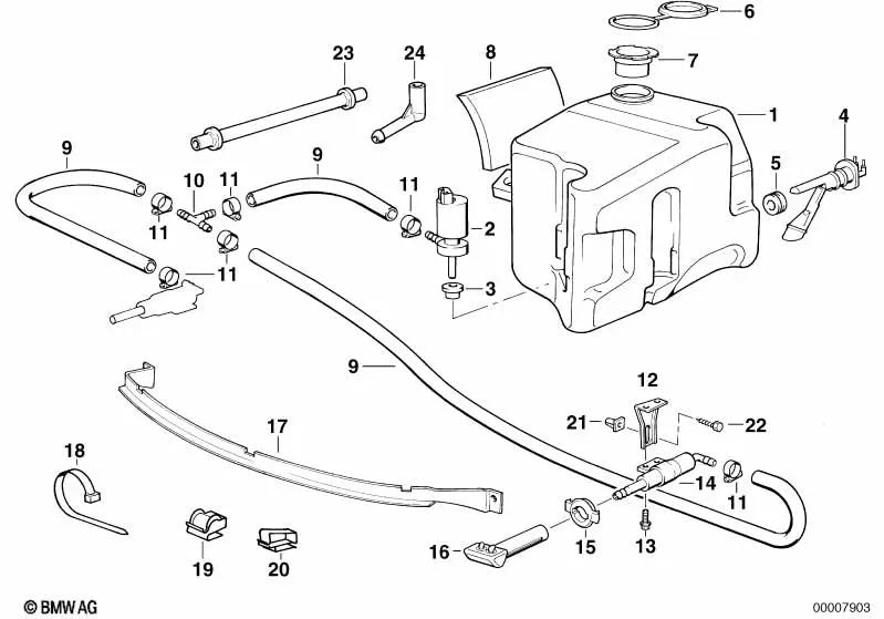 Left spray nozzle for BMW 3 Series E36 (OEM 61671393993). Original BMW