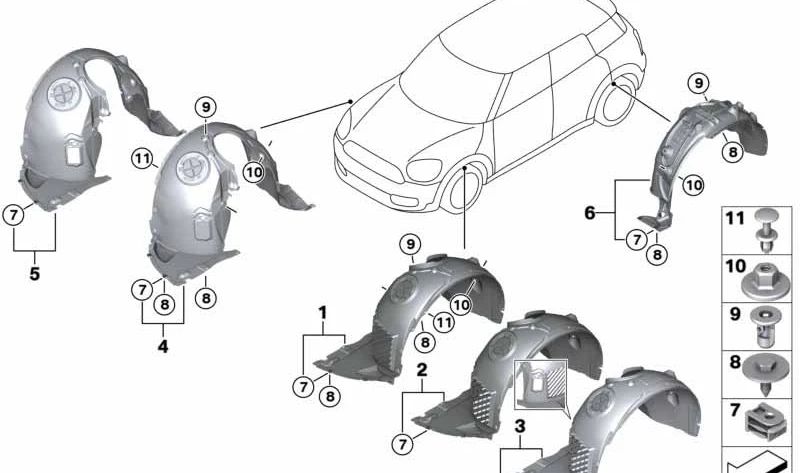 Guardabarros interior delantero derecho OEM 51717386956 para MINI F60 (Cooper, Cooper S, motores B36 y B38). Compatible con modelos producidos entre 2016 y 2024. Original MINI.