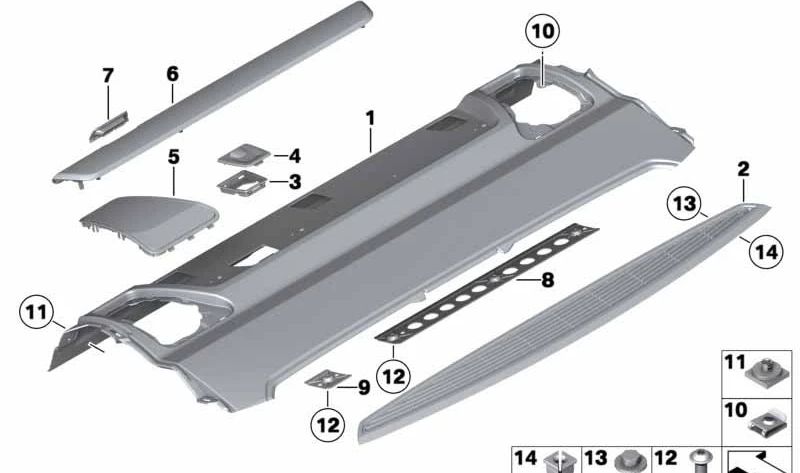 Embellecedor interior gris Everest OEM 51469180237 para BMW F10, F01, F02. Compatible con modelos 520d, 520i desde 2010 hasta 2013. Pieza original BMW.