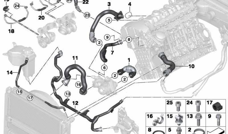 Tubo de refrigerante motor OEM 11537558522 para BMW E82, E88, E90, E90N, E91, E91N, E92, E92N, E93, E93N, Z4 E89. Original BMW.
