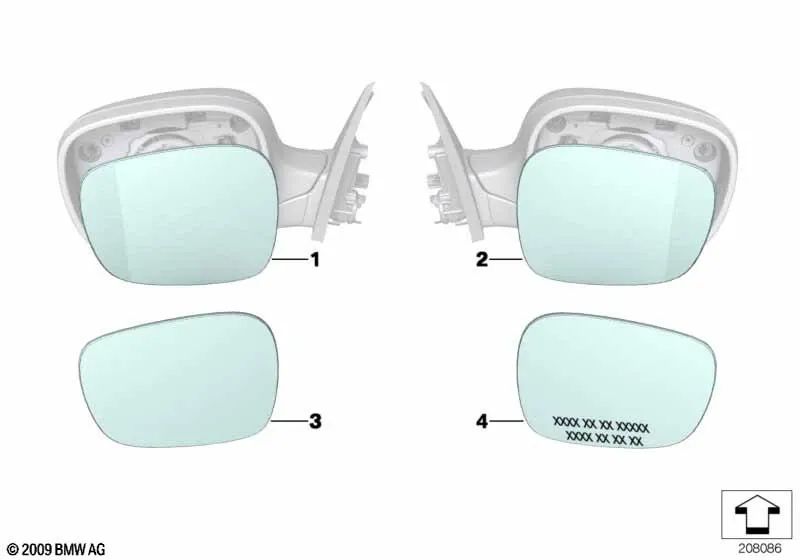 Right convex mirror glass for BMW E83N (OEM 51163455598). Original BMW.