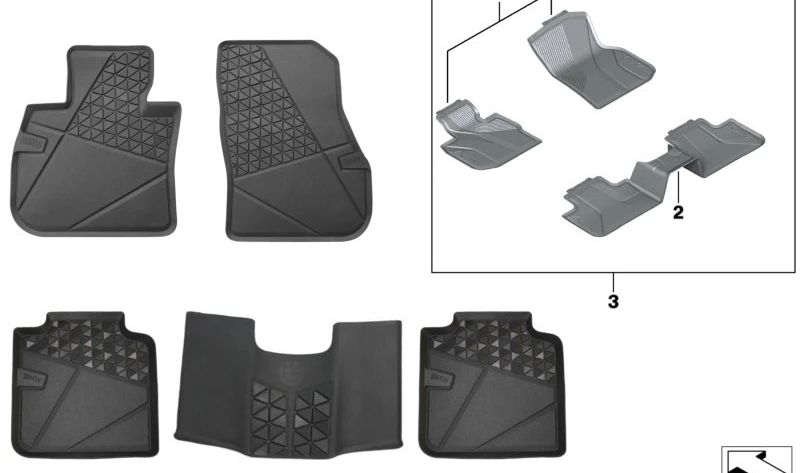 Alfombrillas de goma traseras (par) OEM 51475A62BC4 para BMW X1 U12 (iX1 eDrive20, iX1 eDrive25, iX1 xDrive30). Accesorio original BMW.