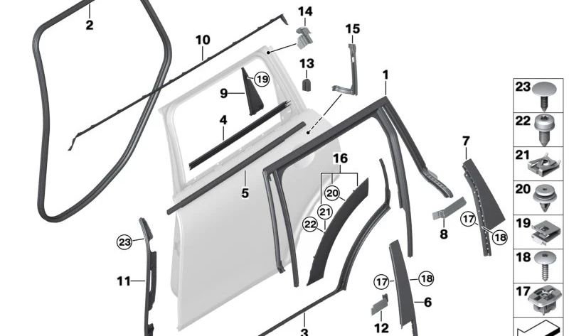 Sellado moldura montante B puerta trasera izquierda OEM 51357368711 para MINI Clubman F54, F54 LCI. Original MINI.
