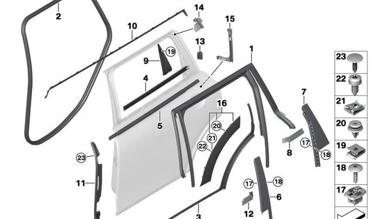 Moldura angular puerta trasera derecha OEM 51357387150 para MINI Clubman F54, F54 LCI. Original MINI.