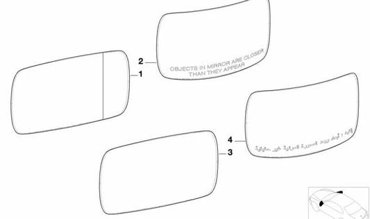 Cristal retrovisor izquierdo calefactable gran angular OEM 51167011725 para BMW E52 Z8. Repuesto original BMW.