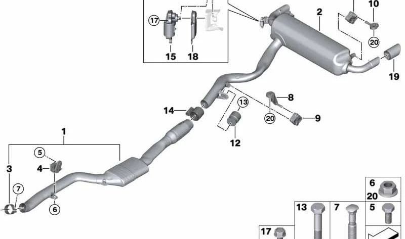 Rear silent with OEM escape valve 18305A318A4 for BMW 3 G20 and G21 330I (models with and without XDRive) manufactured between 07/2022 and 07/2027. Original BMW.