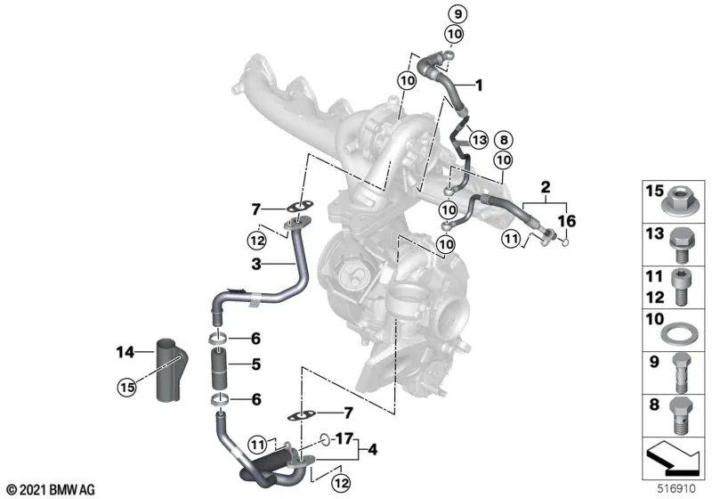 Tubo de alimentação de óleo do turbocompressor para BMW Série 3 G20, G21, Série 4 G22, G23, G26, Série 5 G30N, G31N, Série 6 G32N, Série 7 G11N, G12N, G70, X3 G01, X4 G02, X5 G05, X6 G06 (OEM 11425A76558). BMW originais.