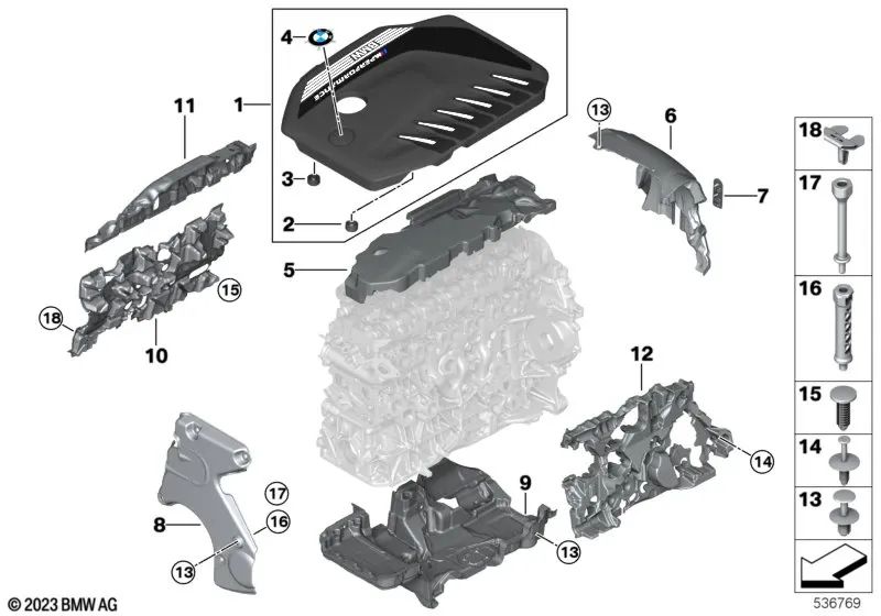 Engine cover for BMW 3 Series G20, G20N, G21, G21N 4 Series G22, G23 X3 G01, G01N X4 G02, G02N (OEM 11148598147). Genuine BMW