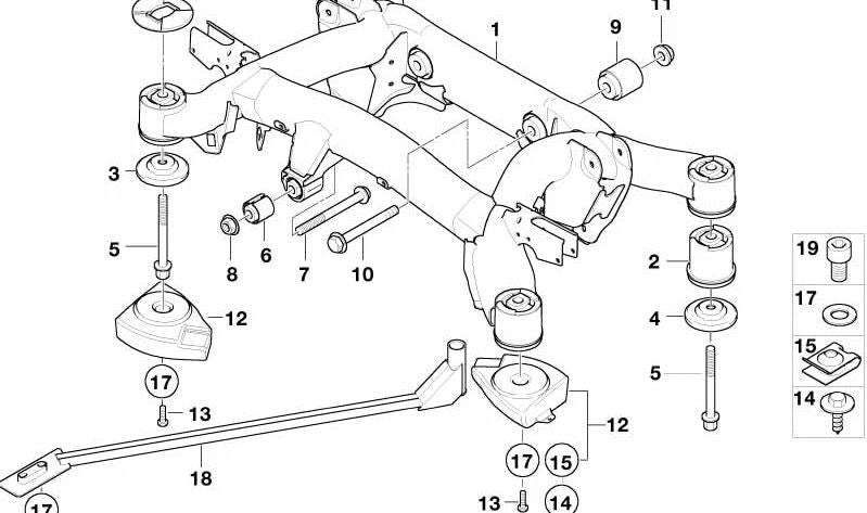 Silentblock trasero OEM 33311091422 para BMW Serie 5 E39 {520d, 520i} con motores M47, M52, M54. Válido para versiones con cambio manual y automático, tracción trasera. Original BMW.