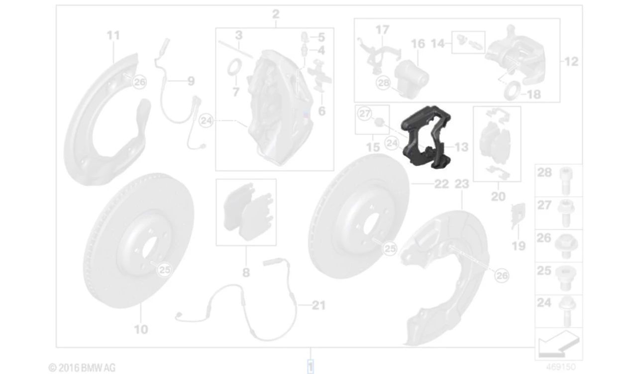 M Performance Brake Caliper Bracket OEM 34206884797 for BMW G30, G31, G32, G11, G12. Genuine BMW