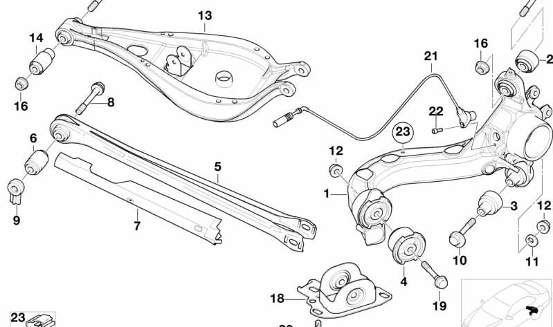Links hinterer Suspensionsarm OEM 33326774779 für BMW E46. Kompatibel mit allen Modellen der E46 -Serie. Originaler BMW Ersatz.