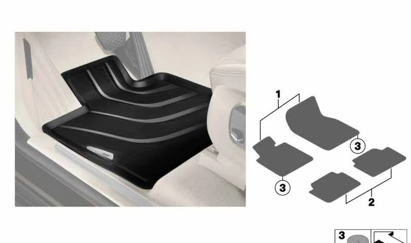 Alfombrillas goma delanteras OEM 51472286002 para BMW X3 F25 y X4 F26. Resistentes al agua y suciedad, ideales para todo tipo de clima. Original BMW.