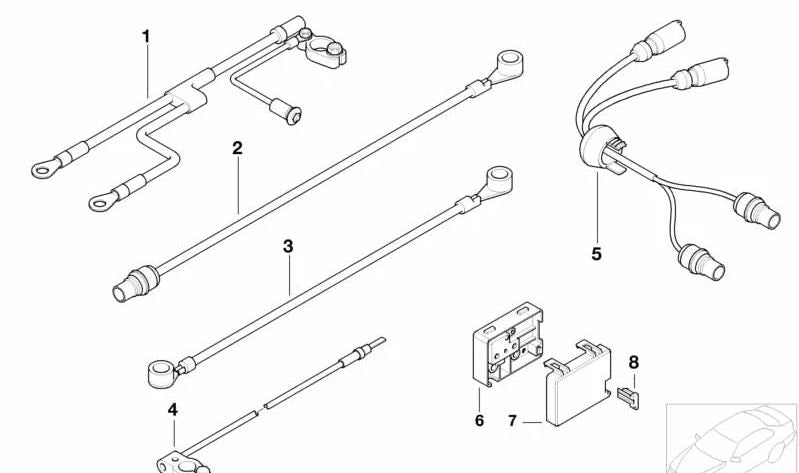Positive battery cable OEM 12421733931 for BMW E38. Length 775 mm. Compatible with models with 2 batteries system or electric catalyst. Original BMW.