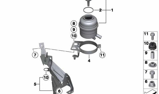 Soporte del depósito de aceite OEM 32416776367 para BMW E81, E87, E88, E90, E91, E92, E93, E84. Original BMW.