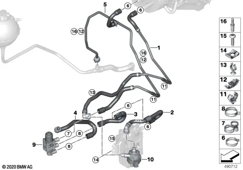 Schlauchunterstützung für BMW 1 F20 -Serie, F21, Serie 2 F22, F23, Serie 3 E90, E91, E92, E93, F30, F31, F34, F35, Serie 4 F32, F33, F36, I I12, I15 (OEM 64126953784) . Original BMW