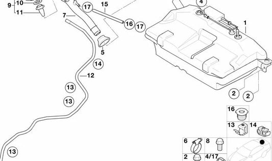 Tubo de drenaje de combustible OEM 16111184886 para BMW Z8 E52 (modelos EJ11, EJ13, V8). Original BMW.
