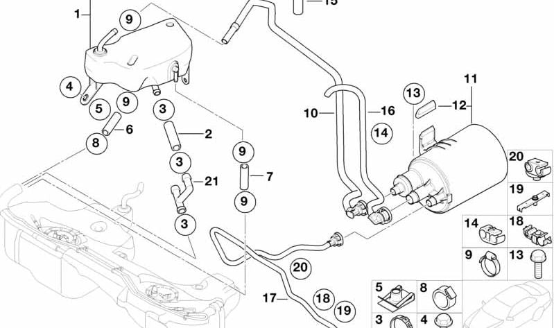 Soporte de sujeción de cables OEM 16131177494 para BMW E81, E82, E87, E87N, E88, E30, E36, E46, E90, E90N, E91, E91N, E92, E92N, E93, E93N, E28, E34, E39, F07N, F10N, F11N, E32, E38, F02N, E31, E84, E53, E70, E70N, F15, E71, E52. Original BMW.