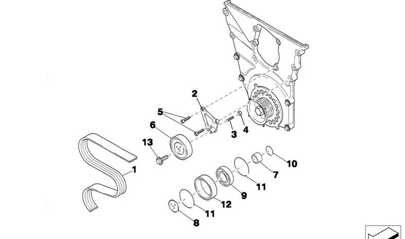 Pulley -Unterstützung (Haltplatte) OEM 11281416278 für BMW E36 320i STC '95 mit S42 -Motor. Original BMW.