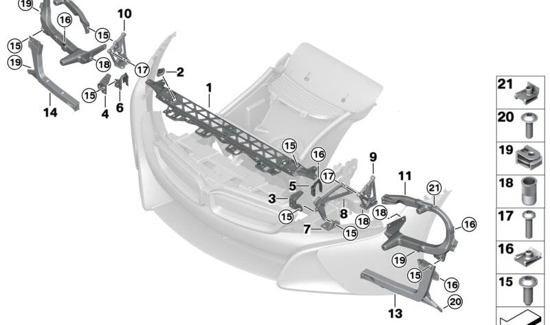 Soporte lateral derecho OEM 51647336236 para BMW i12 (i8 Coupé) y BMW i15 (i8 Roadster). Compatible con todos los modelos: i12 i82Z21, i82Z22, i82Z41, i82Z42 y i15 i82Z61, i82Z62. Original BMW.