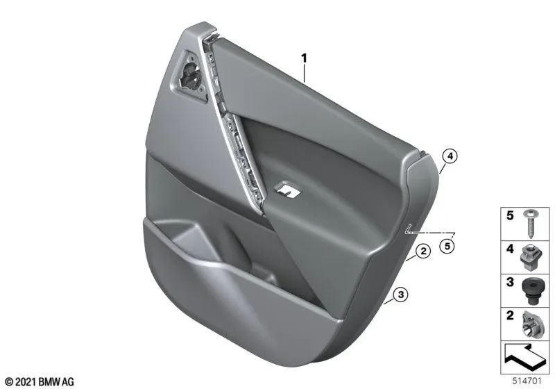Revestimiento de puerta trasera izquierda OEM 51425A15771 para BMW i20 iX xDrive50, xDrive40... y más. Original BMW.