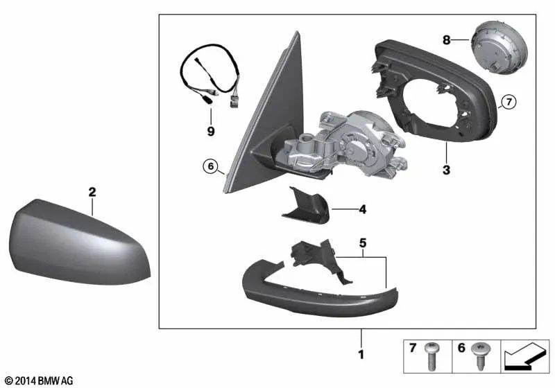 Heated right exterior mirror for BMW X5 E70, E70N (OEM 51167282738). Original BMW