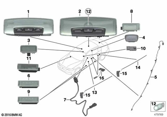 Upper right rear door guide light for BMW F30, F31, F80 (OEM 63319239410). Original BMW.